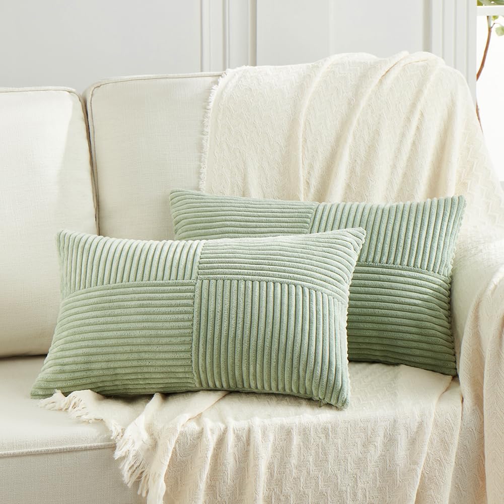 Fancy Homi 2 Packs Sage Green Long Lumbar Decorative Throw Pillow Covers 12x24 Inch for Couch Bed Sofa, Rustic Farmhouse Boho Home Decor, Soft Striped Corduroy Rectangle Accent Cushion Case 30x60 cm