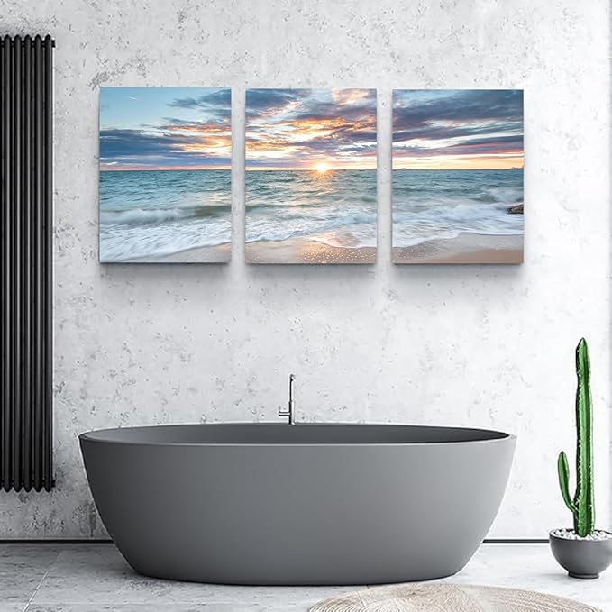 Yxbhhym Living Room Wall Art Coastal Artwork Picture Beach Sunset Canvas Prints Painting 3 Panels Framed Ocean Room Decor for Bedroom Decor Bathroom Office Artwork Home Decorations