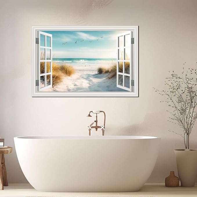 CHUSHU ART Beach Canvas Wall Decor Ocean Pictures Prints for Living Room White Window Style Path Painting Coastal Seascape Artwork Reeds Landscape for Bedroom Home Office Decorations(24"*36")