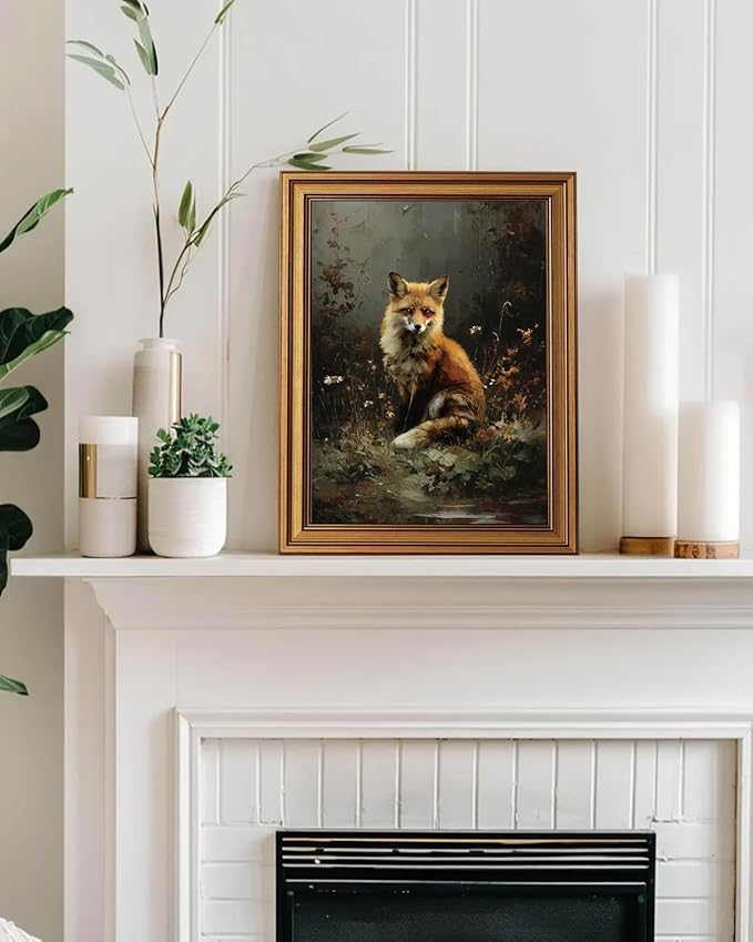 InSimSea Gold Framed Canvas Prints Wall Art, Vintage Fox Decor, Dark Academia Cottagecore Animals Paintings Farmhouse Wall Decor, Antique Pictures for Bedroom Living Room Shelf, 12x16inch