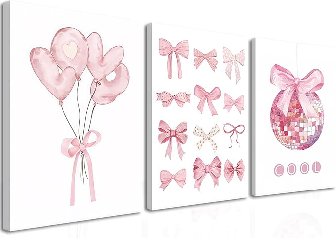 Preppy Pink Bow Canvas Wall Art, Trendy Bows Coquette Room Wall Decor Paintings, Pink Girly Disco Aesthetic Posters Prints Pictures for Girls Dorm Bedroom 16x24 Inch Framed