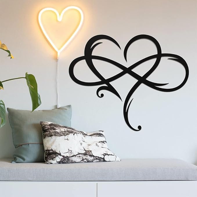 Infinity Heart Wall Decor, Unique Infinity Heart Metal Art Wall Decor Love Sign Steel Wall Plaques Bedroom Ornaments for Home Wedding Decor, Room Living Room Decoration (Black, 13.7x11.4inch)