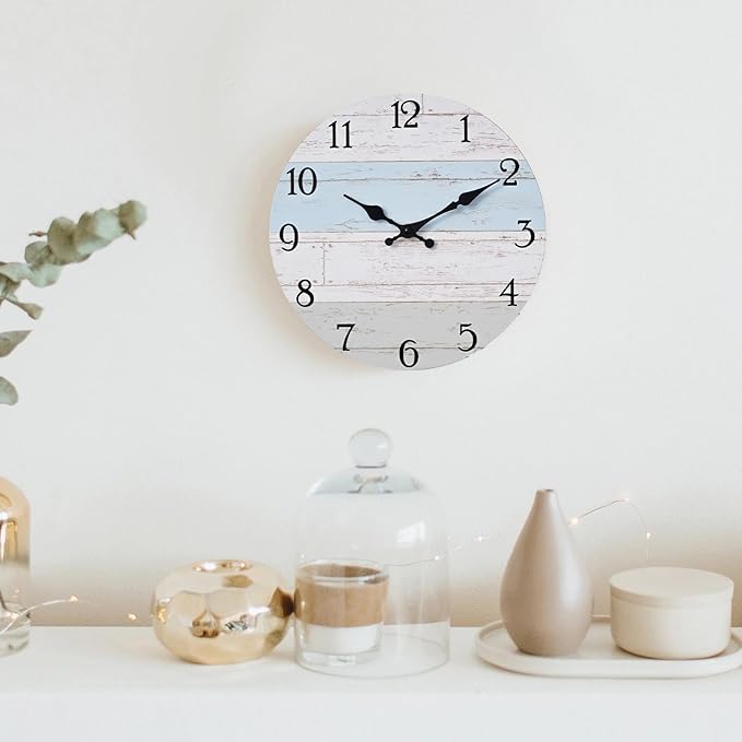 Wall Clock 10 Inch Silent Non-Ticking Coastal Beach Style Wall Clocks Battery Operated Rustic Retro Decorative for Kitchen, Bathroom, Living Room, Laundry Room(Azure Blue)