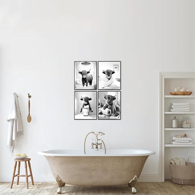 Western Cow Bathroom Decor Wall Art,Funny Highland Cow Wall Art in Restroom,Black and White Wall Decor,Highland Cow Canvas Art Prints,Rustic Retro Bathroom Wall Decor Humor Animals Artwork Prints,11x14inchx4pcs,Unframed