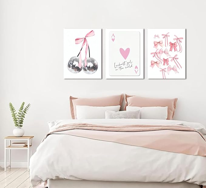 Trendy Pink Bows Wall Art Set of 3 Coquette Preppy Cherry Wall Decor Trendy Disco Ball Canvas Posters Prints Girly Aesthetic for College Apartment Living Room Bedroom Framed 12x16 In