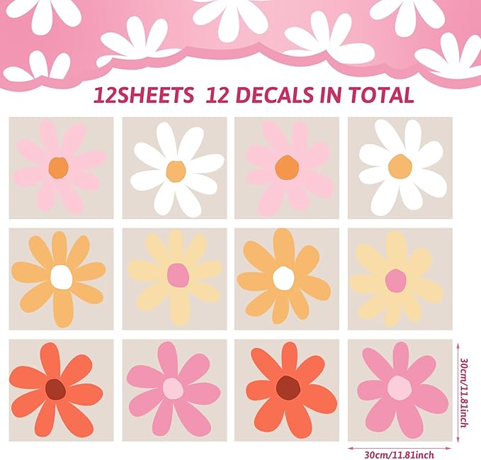 TaoBary 12 Sheet Daisy Wall Sticker Decal Removable Cute Daisy Bedroom Room Decor Flower Wall Sticker Pink White Flower Decal Wallpaper Peel and Stick for Nursery Home(Bright Color,Minimalist Style)