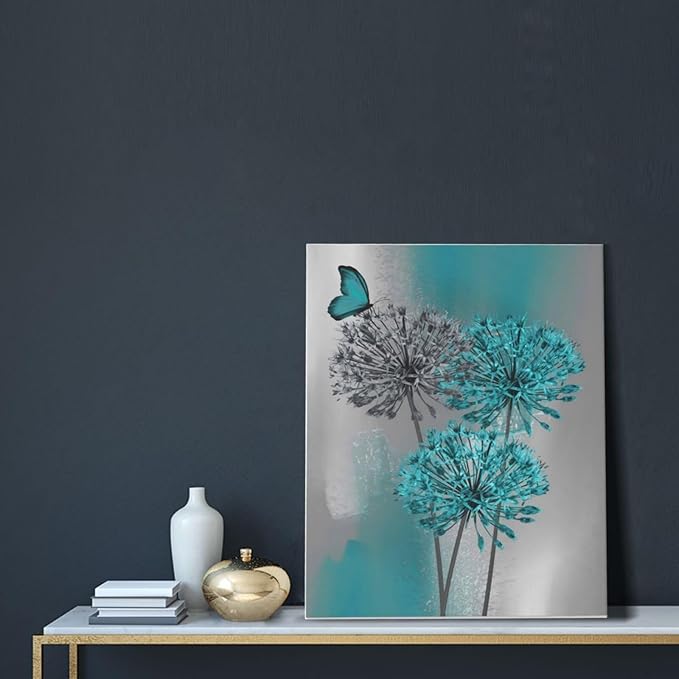 LB Dandelion Canvas Wall Art Teal Grey Dandelion with Butterfly on Abstract Background Wall Art Plant Wall Decor for Living Room Bedroom Bathroom Office Home Framed Ready to Hang 20L x 16W Inch
