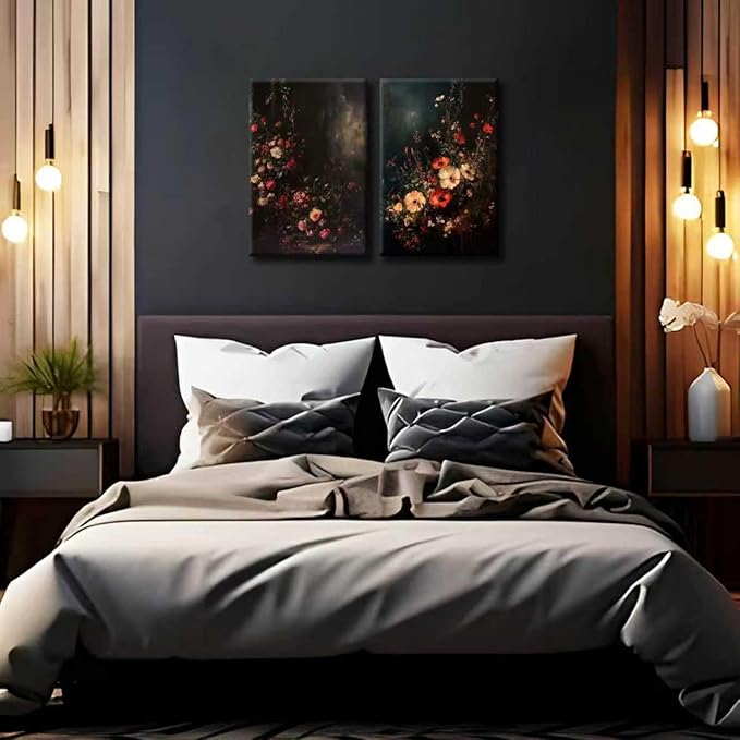 2Pcs Framed Canvas Prints Art Vintage Moody Floral, Classical Fall Wildflower Floral Painting, Rustic Dark Autumn Flower Wall Art for Living Room Bedroom Home Bathroom Wall Decor, 16x24in