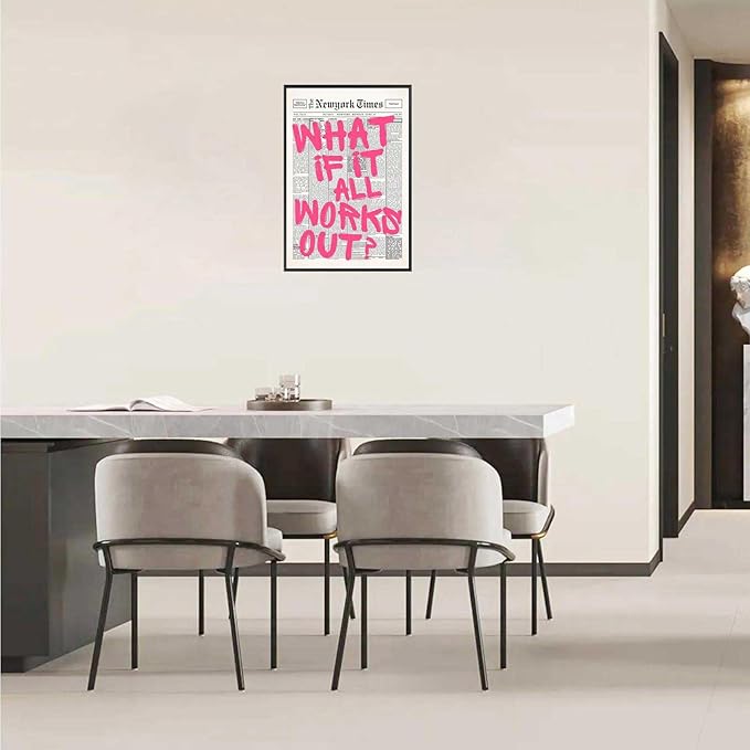 Drimiler Retro Newspaper Pink Font Poster What If It All Works Out Canvas Wall Art Positive Affirming Quote Minimalist Prints Painting For Home Bedroom Dorm Wall Decor 8x12in Framed