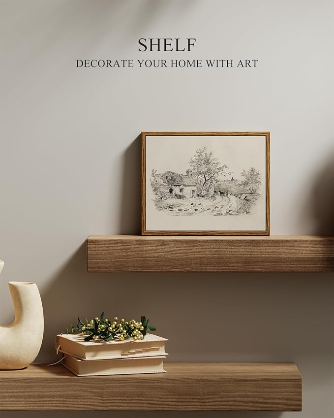 InSimSea Framed Canvas Print Art, Vintage Countryside Sketch Landscape Painting, Rustic Farmhouse Cottage Decor for Hallway Wall Floating Shelf Desk Vanity Fireplace,10x8in, Neutral Tones
