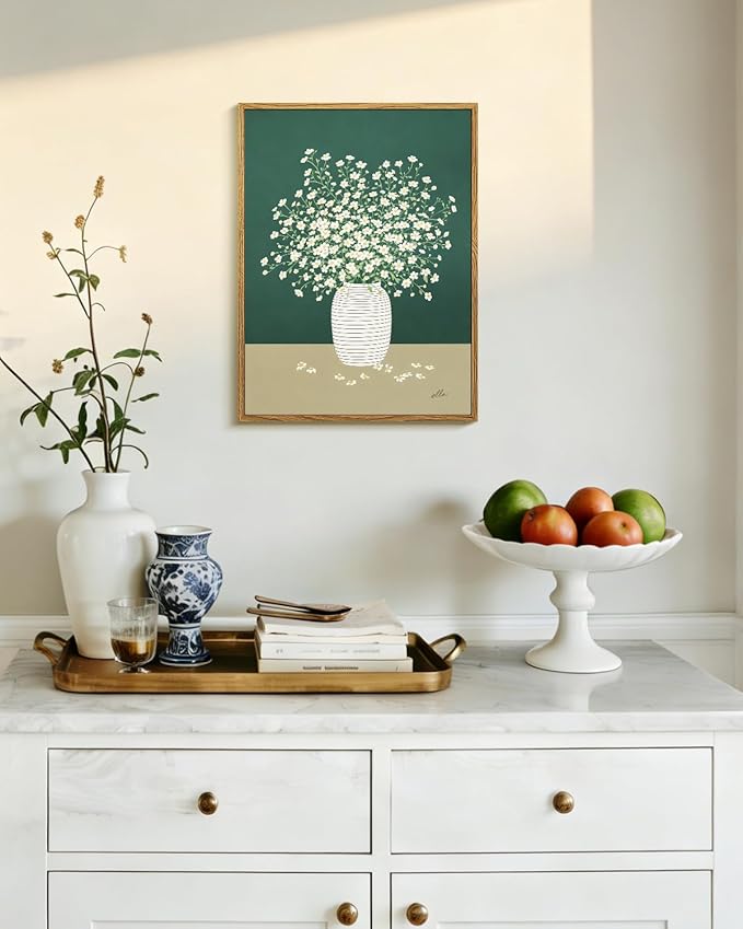 Vintage Framed Floral Wall Art 12x16 Inch, Minimalist White Daisy Flower in Vase Canvas Painting Print, Rustic Modern Green Botanical Artwork Living Room Bedroom Kitchen Bathroom Decor