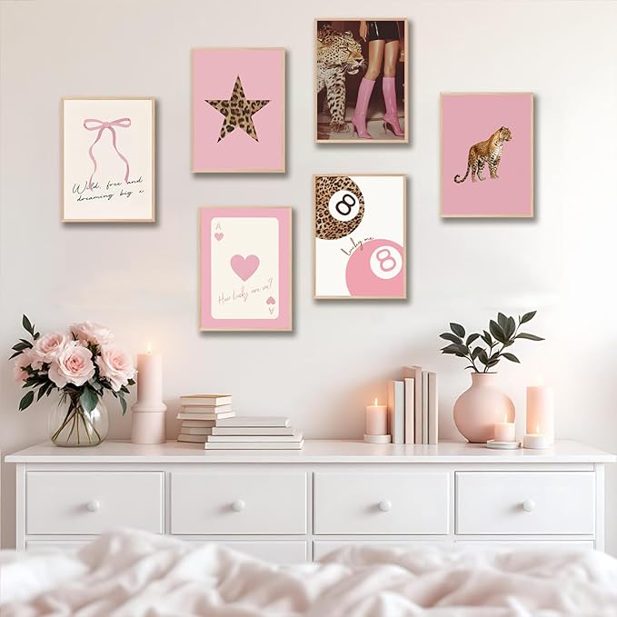 6Pcs Trendy Pink Leopard Wall Art Preppy Leopard Posters Prints Funky Coquette Cheetah Wall Decor with Lucky 8 Ball Bow Artwork for Girls Bedroom Apartment Dorm 12x16Inch 6Pcs Unframed