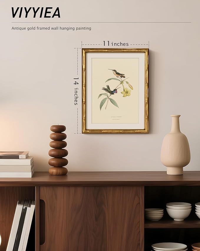 VIYYIEA Bamboo Detail Design Gold Framed Wall Art Bedroom Decor, Vintage Canvas Wall Art Prints for Living Room, Hummingbirds Artwork, Animal Painting Picture Print, Home Decor Aesthetic 11 x 14inch