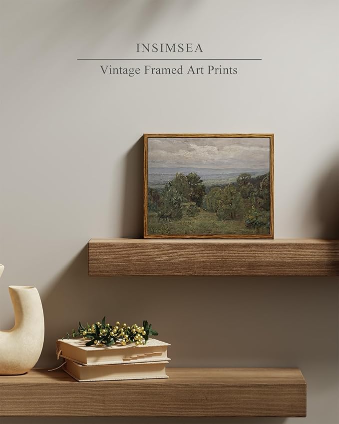 InSimSea Framed Canvas Wall Art, Vintage Landscape Art for Living Room Hallway Shelf, 10x8in, Impressionist Mountain Painting, Rustic Farmhouse Cozy Mid Century Small Nature Decor