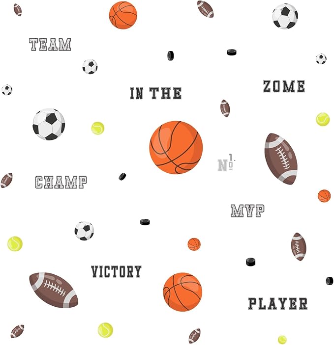 Sports Wall Decals, Basketball and Football Wall Stickers, Peel and Stick Removable DIY Inspirational Wall Decor for Boys Bedroom Classroom Kid's Nursery Room Playground