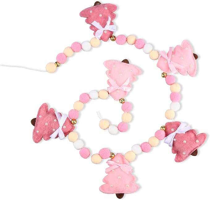 Pink Christmas Felt Garland 3D Coquette Bow Xmas Tree Pom Ball Banner Holiday Decorative Hanging Bunting Garland for Home Mantel Fireplace Window Wall Decor