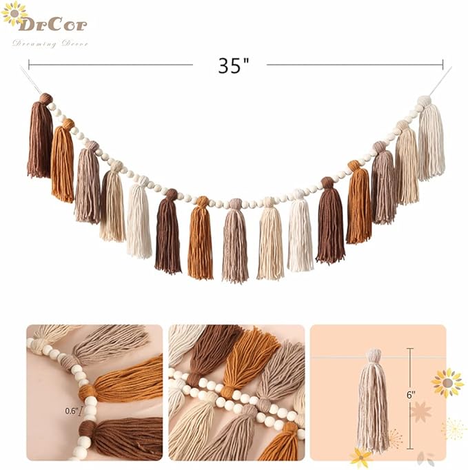 DrCor Boho Terracotta Rainbow Tassel Garland – Western Handmade Yarn Banner for Classroom, Nursery, Kids Room, Cozy Home Wall Decor