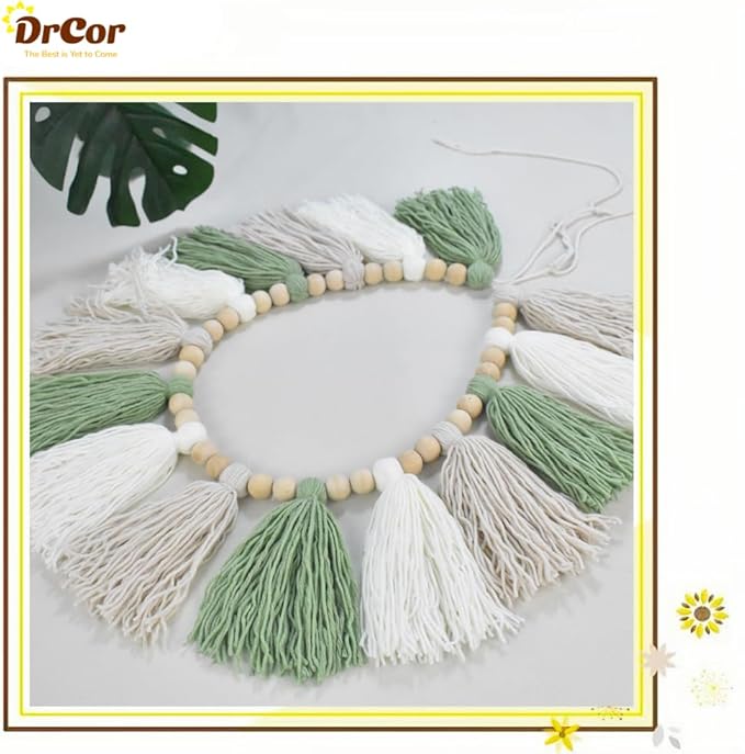 DrCor Sage Green & White Boho Tassel Garland – Handmade Yarn Banner for Nursery, Girls Bedroom, Baby Shower, Wedding Backdrop, Classroom Bulletin Board or Cozy Home Wall Decor