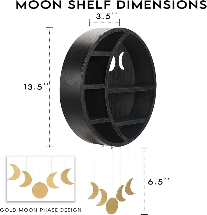 Ella & Emma Wooden Moon Shelf for Crystals - Crescent Moon Crystal Shelf, Storage & Wall Hanging Shelves for Bedroom Aesthetic, Moon Phase Wall Decor & Crystal Display Shelf, Pinewood, Black