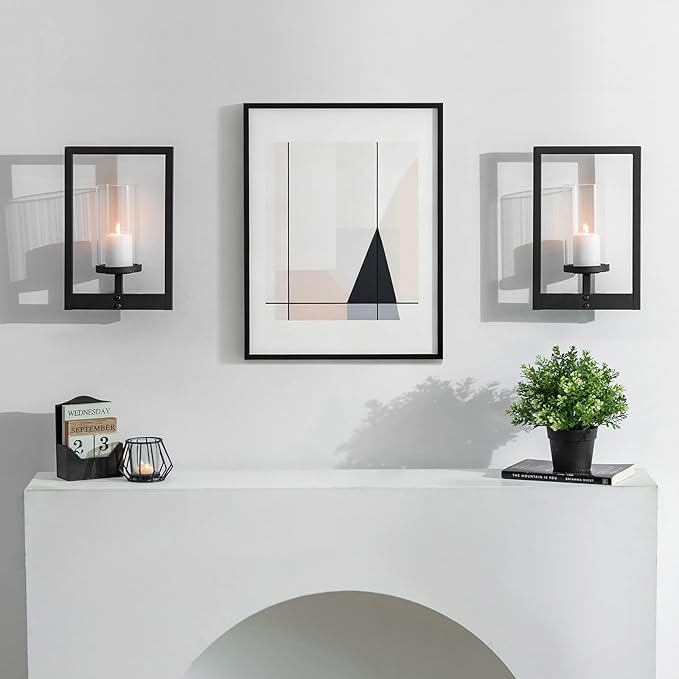 Black Candle Sconces Wall Decor: Set of 2 Metal Morden Style Frame Wall Candle Holder with Hurricane - Wall Mounted Minimalism Decorations for Living Room Hallway