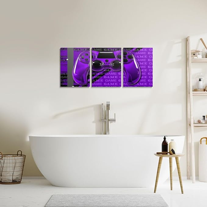 Feelyou Gamer Canvas Wall Art 12" x 16" 3 Piece Game Controller Office Wall Artwork Posters for Teens Adults Gaming Gifts Bathroom Wall Art for Home Gamepad Purple and Black Wall Painting