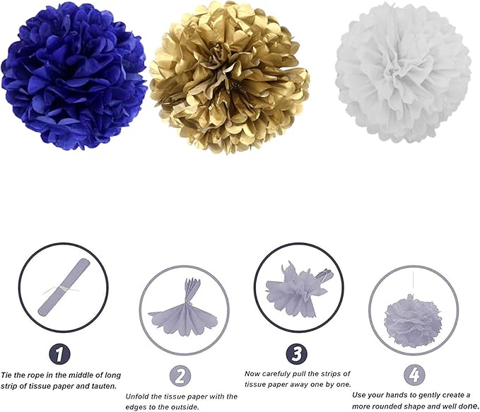 We Moment Navy Blue Gold White Paper Pom Poms Decorations for Boys Girls Birthday Graduation Decoration Ceiling Wall Hanging Tissue Flowers Decorations 12pcs,3 Colors
