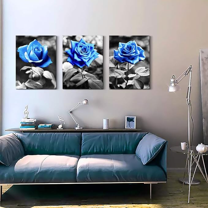 DZRWUBHS Large Wall Art For Living Room Wall Decor For Kitchen Black And White Canvas Prints Pictures Artwork Blue Rose Flowers Wall Paintings Modern Office Bedroom Room Home Decorations 3 Pieces