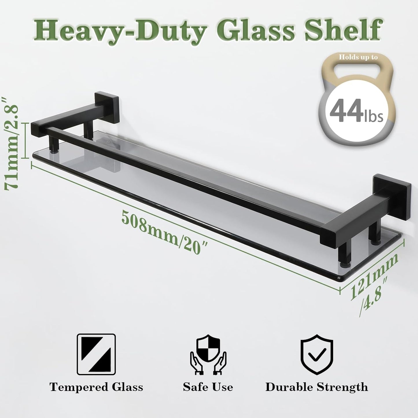 Alise Bathroom Shelves,Matte Black Glass Shelf for Bathroom, Modern Floating Shelves,20 inch