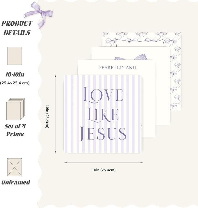 LARTSFRO Coquette Purple Bow Jesus Wall Art Decor Posters, Purple Bow Christian Room Bedroom Bathroom Dorm Wall Art Decor Aesthetic for Teen Girls Gifts, Inspirational Bible Verses Bow Wall Decor, 10x10 Inch Set of 4 Bow Pictures (UNFRAMED)