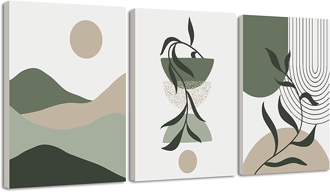 Drsoum Green Botanical Boho Wall Art Framed Modern Sage Bohemian Plant Wall Decor Abstract Geometry Lines Artwork Hallway Bedroom Prints Ready to Hang 12x16in Framed