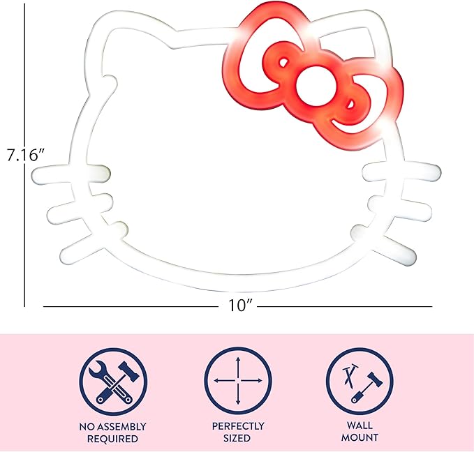 Hello Kitty LED Neon Wall Light,Figural Light-Up Wall Hanging Décor,Battery Operated,10" W x 7" H,Cute Night Light for Kids Bedrooms