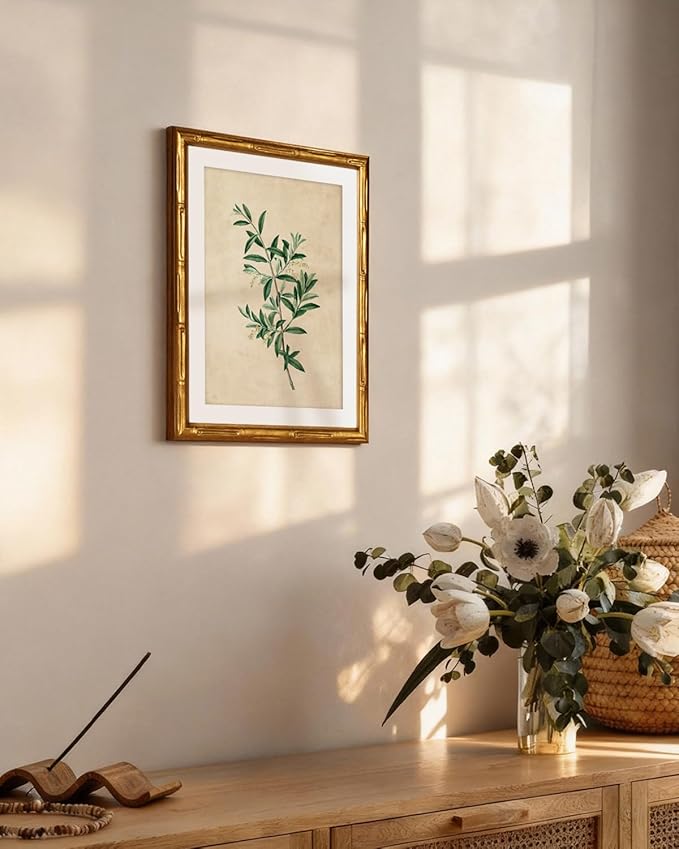 InSimSea Gold Bamboo Framed Canvas Wall Art, Vintage Olive Flower Botanical Prints, Antique Picture Frame with Mat, Victorian Home Wall Decor for Kitchen Dining Living Room Bedroom, 11x14inch