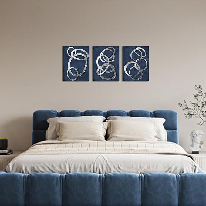 iKNOW FOTO Set of 3 Modern Abstract Blue and Silver Circle Canvas Prints Contemporary Artwork Painting for Bedroom and Bathroom Stretched Canvas Ready to Hang Each Panel 12x16 inches