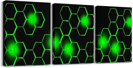 Feelyou Kids Honeycomb Canvas Wall Art 3 Piece 12" x 16" Ice Sports Games Picture Decor Geometrical Office Decorations Artwork Posters Beehive Geometric Black Green Painting