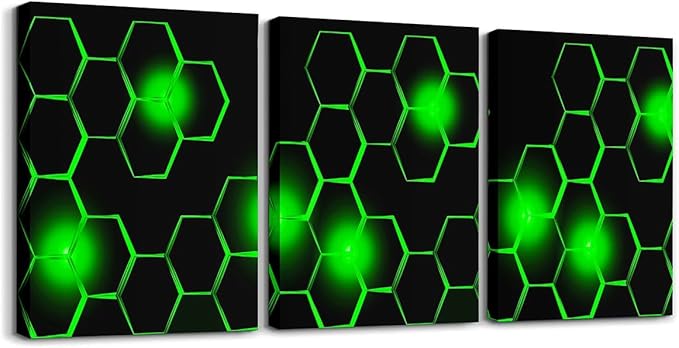 Feelyou Kids Honeycomb Canvas Wall Art 3 Piece 12" x 16" Ice Sports Games Picture Decor Geometrical Office Decorations Artwork Posters Beehive Geometric Black Green Painting