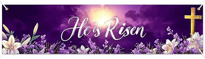 He Is Risen Easter Banner Christian Resurrection Spring Decor 78 x 17 Inch Religious Purple Cross Flower Scene Banner for Church Yard Fence Door Wall Indoor Outdoor Easter Display