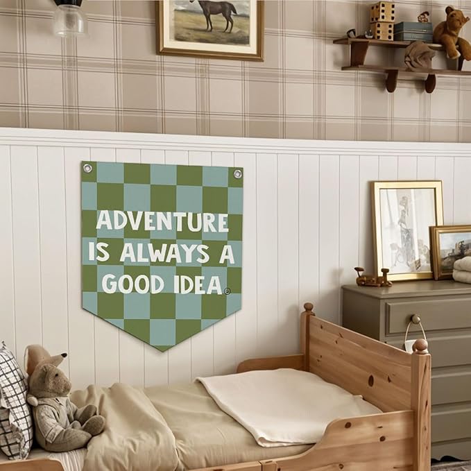 Boys Room Decor – Adventure Linen Pennant, Sage Green Canvas Triangle Flag, Wall Hanging Banner for Toddler Boy Nursery & Playroom, 14.5x12.6 in