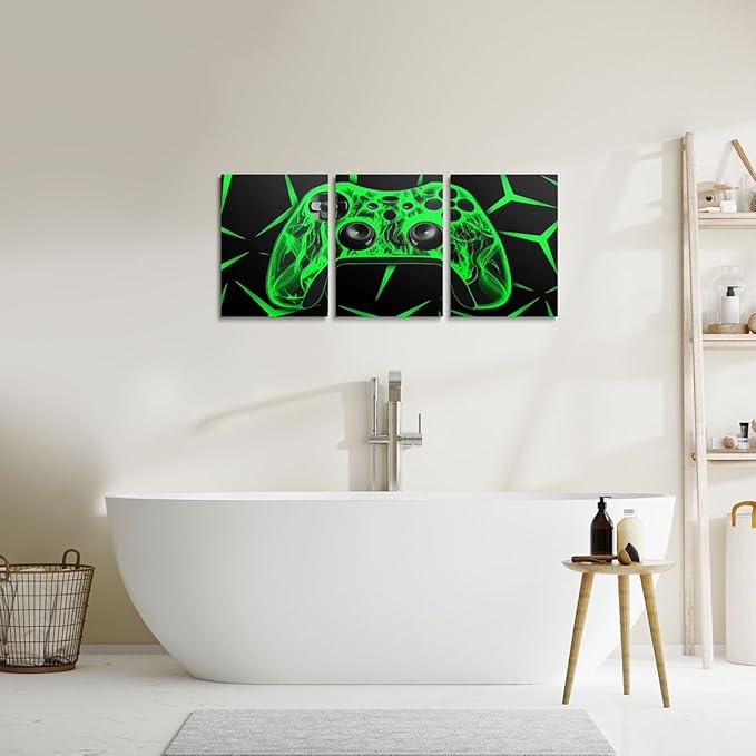 Feelyou Gamer Bathroom Wall Art for Home Decor Gamepad Canvas Wall Art for Bedroom Girls TeensGaming Gifts Office Wall Artwork Posters 12" x 16" 3 Piece Game Controller Green Wall Painting