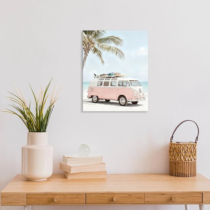 CHDITB Beach Framed Canvas Wall Art, Coastal Palm Tree Artwork, Tropical Ocean Wall Decor, Boho Surfboard Poster, Pink Aesthetic Summer wave Art Prints For Living Room Seaside Cottage Decor 8”X10”x6