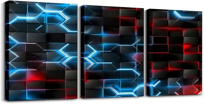 Feelyou Blue and Red Picture Wall Decor 12"x16" 3 Piece Honeycomb Canvas Wall Art Decor Hexagon Theme Office Decorations Artwork Posters Geometrical Beehive Painting