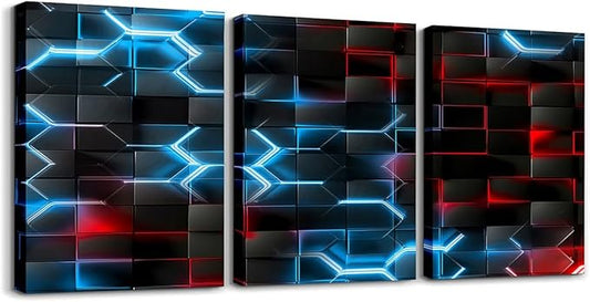 Feelyou Blue and Red Picture Wall Decor 12"x16" 3 Piece Honeycomb Canvas Wall Art Decor Hexagon Theme Office Decorations Artwork Posters Geometrical Beehive Painting