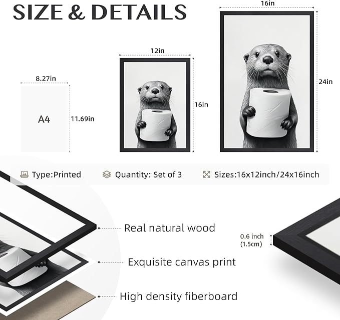 IAFWZX Wood Framed Funny Bathroom Wall Art, Black and White Otter Holding Toilet Paper Wall Decor, Cute Animal Wrapped Canvas Painting, Humor Otter Poster Print for Restroom Guest Bedroom 16"x24"