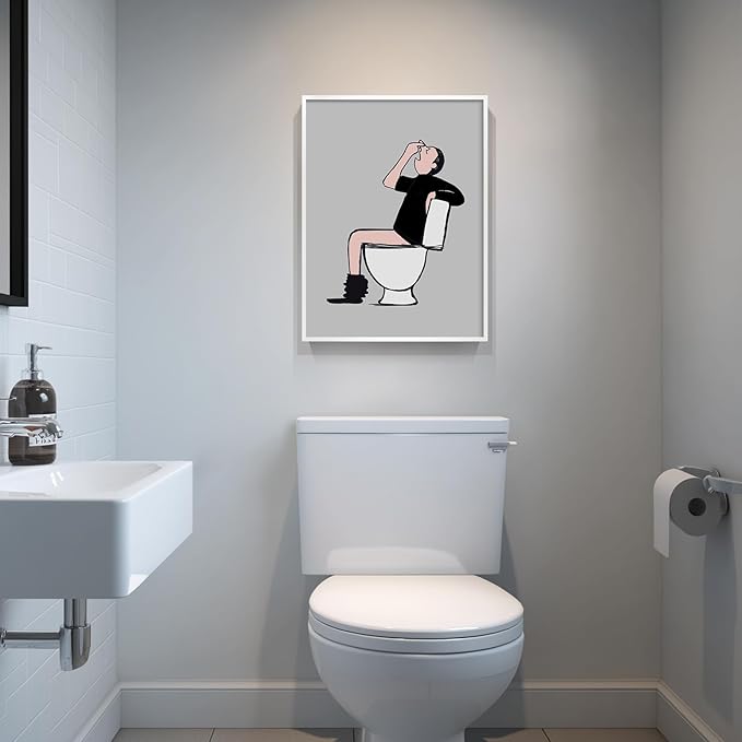 Framed Funny Bathroom Wall Decor, Black and White Quirky Man Canvas Painting Print Bathroom Humor Wall Art, Gray Cartoon Guy on Toilet Picture Artwork for Toilet Restroom Washroom Wall Decor, 12x16 In