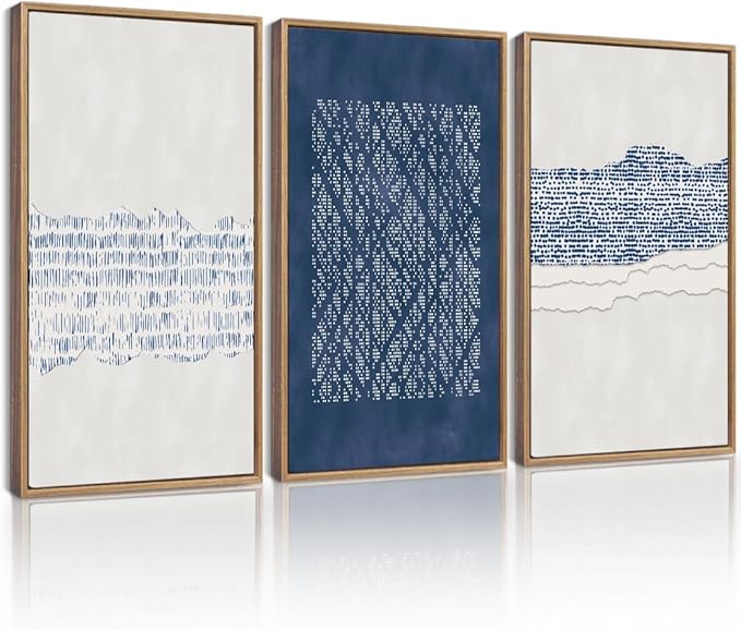 Drsoum Blue Abstract Boho Framed Wall Art Large 16x24in Minimalist Mid-Century Modern Wall Decor Geometric Artwork Kitchen Dining Room Natural Framed
