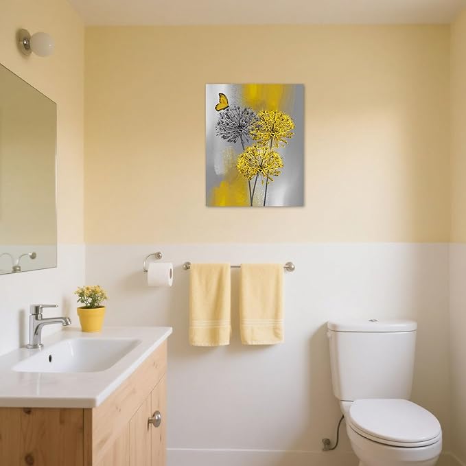 LB Yellow Dandelion Canvas Wall Art Yellow Grey Dandelion with Butterfly on Modern Abstract Wall Art Aesthetic Wall Decor for Living Room Bedroom Bathroom Office Framed Ready to Hang 16L x 12W
