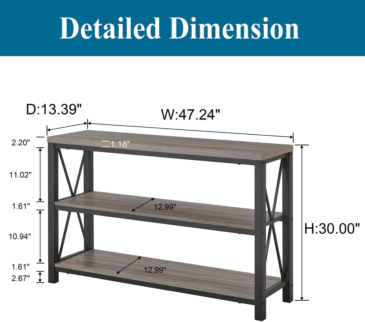 BON AUGURE Rustic Sofa Table Behind Couch, Industrial Console Tables for Entryway, 3 Tier Wood Shelves Entry Table with Storage for Foyer, Hallway, Front Door (47 Inch, Dark Grey Oak)