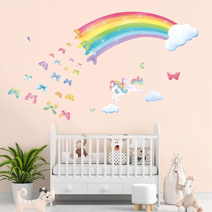 decalmile Rainbow Wall Decals Unicorn Rainbow Butterflies Clouds Wall Stickers Baby Nursery Girls Bedroom Daycare Wall Decor Gifts for Girls