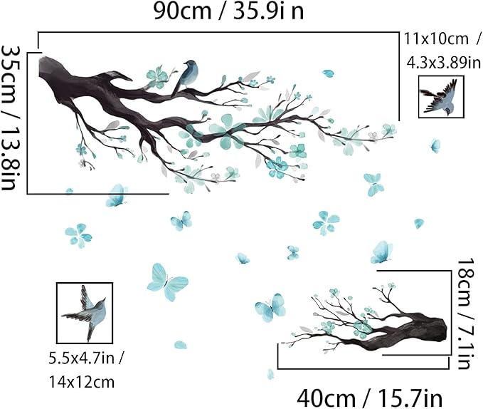Watercolor Blue Flower Wall Stickers,Removable DIY Romantic Blossom Bird Tree Branch Wall Murals 3D Wall Art Stickers Home Decor for Gilrs Bedroom Nursery Rooms Living Room