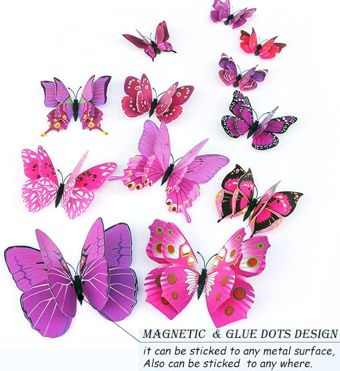 Butterfly Wall Decor 72 PCS, 3D Butterflies Stickers for Party Decorations with Magnets (Purple, 72)