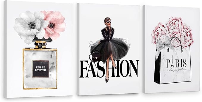 CoziTech Framed Fashion Women Canvas Wall Art for Girls Bedroom Decor, Flower Modern Pink Wall Art , Perfume Handbag Prints Wall Pictures Dorm Decor, Gift for Woman Gift for Girls. Set of 3. 12x16 in – (Ready to Hang)